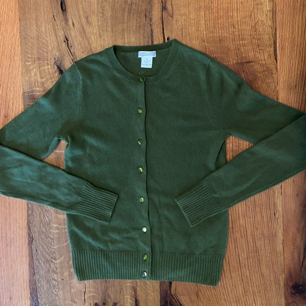 J. Crew Cashmere Hunter Green Jackie Cardigan, Grosgrain Ribbon Placket, XS
